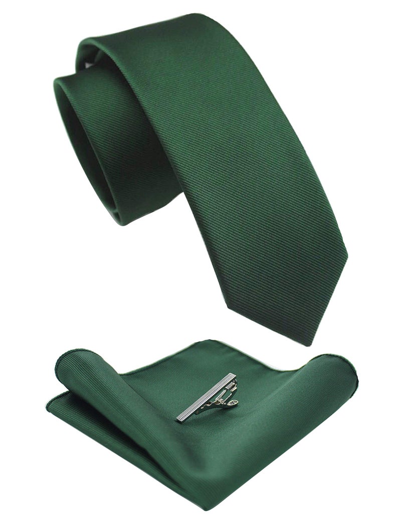 JEMYGINS 2.4" Green Skinny Tie and Pocket Square with Tie Clip Silk slim Necktie Sets for Men - Image 1